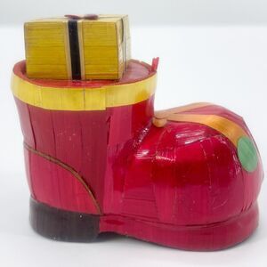 Wood Red Santa Boot Gold Present on Top 2-1/2 inches tall